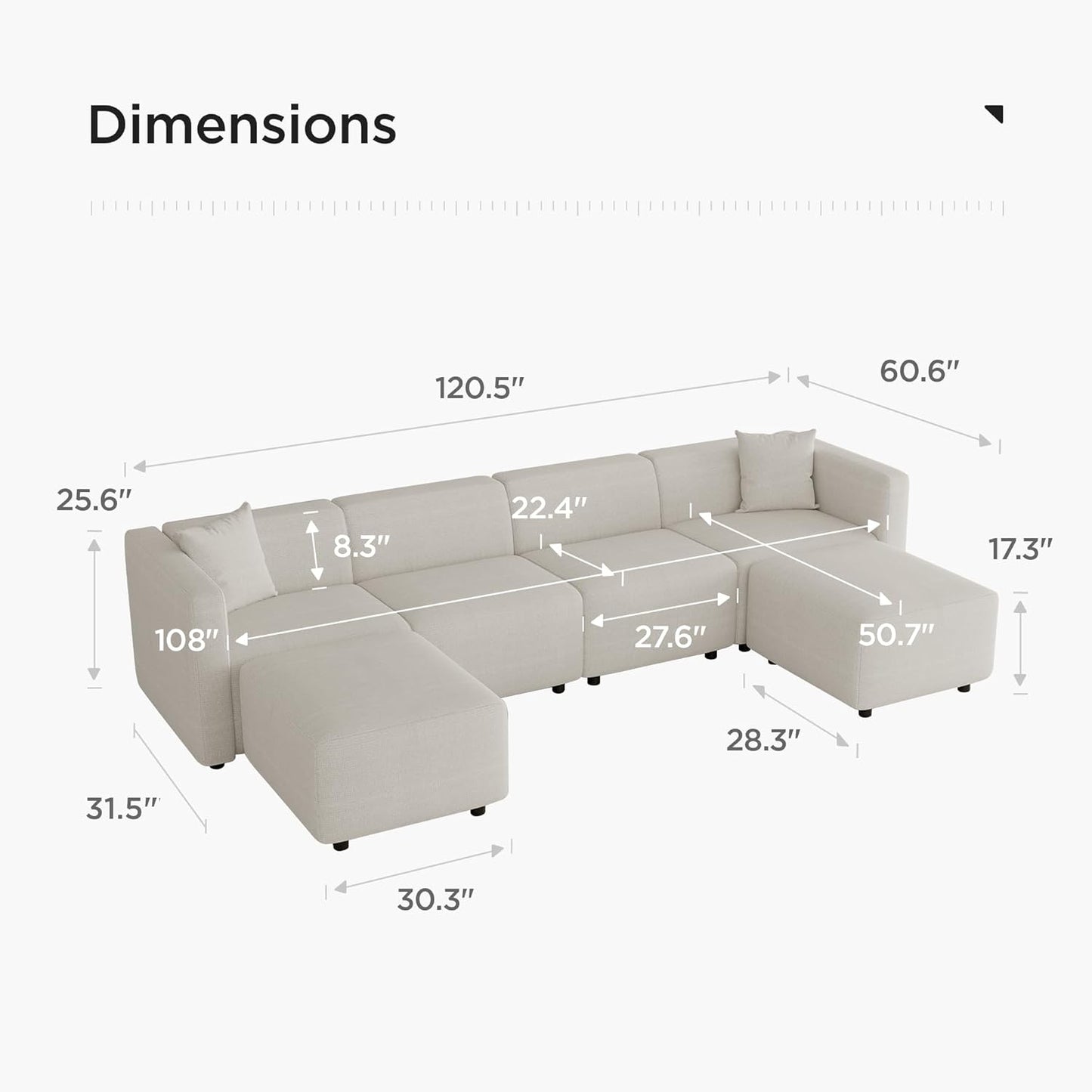 Modern Sectional Sofa Set, Linen-Like Fabric Couch with Reversible Chaise & Solid Wood Frame.